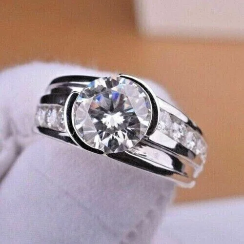 Forever Jewels 3Ct Round Moissanite Mens Wedding Ring 14K White Gold Plated