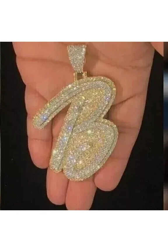 4Ct Round Moissanite Womens Letter B Pendant Necklace 14K Yellow Gold Plated