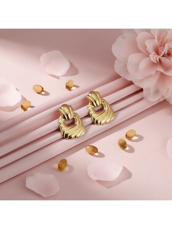 Anti Tarnish Waterproof Stainless Steel Door Knocker Drop Earrings For Women 18K Gold Plating
