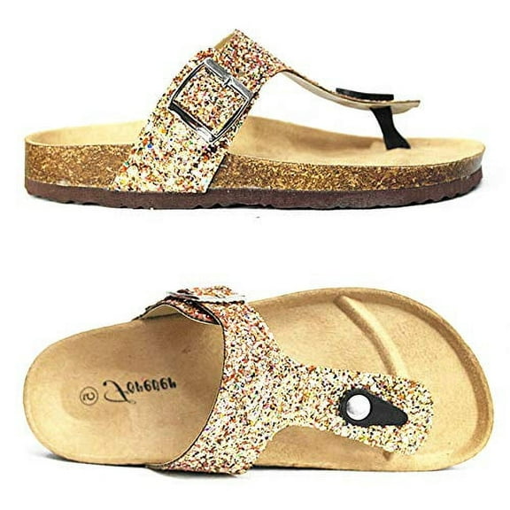 Forever Link Birken-17 Gold Glitter Slip On Casual Platform Vegan Sandals (Gold Glitter, 7)