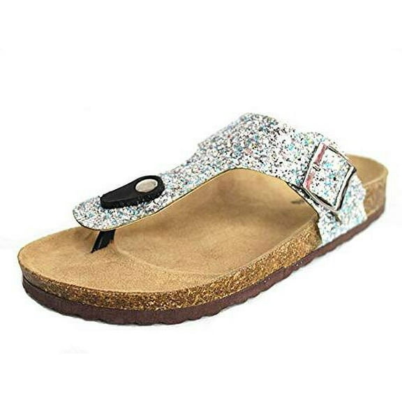 Forever Link Birken-17 Silver Glitter Thong Slip On Casual Slide Flip Flop Sandals (Silver, 7)