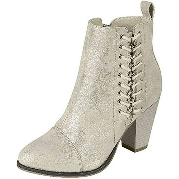 Forever Link Camila-68 Champagne Fashion Straps Buckle Block Heel Ankle Booties (Champagne, 5.5)