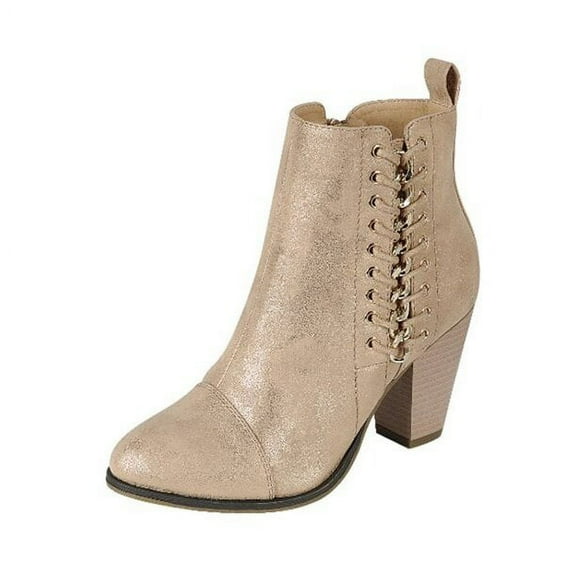 Forever Link Camila-68 Rose Gold Fashion Straps Buckle Block Heel Ankle Booties (Rose Gold, 6.5)