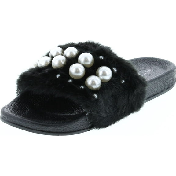 Forever Link Izzy-33 Womens Open Toe Faux Pearl Embellished Flip Flop Slide Flat Sandal Slippers