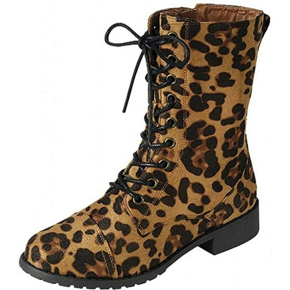 Forever Link Jalen-88 Leopard Round Toe Military Lace up Low Heel Combat Boots (Leopard, 5)