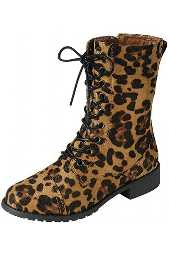 Jalen-88 Leopard Round Toe Military Lace up Low Heel Combat Boots (Leopard, 5)