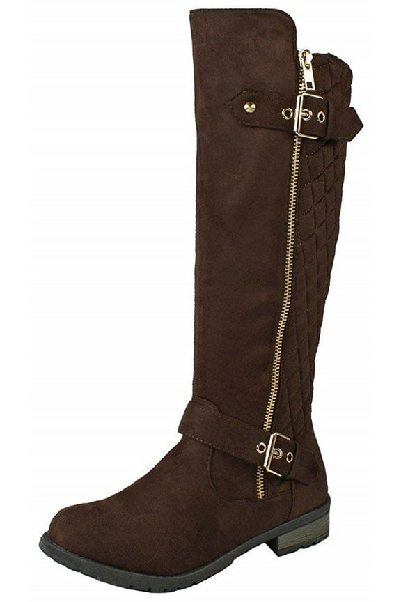 Mango-23 Brown Suede Two Buckles Knee High Brown Suede Riding Boots (Brown, 6.5)