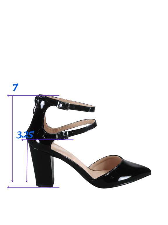 Link Women High Block Chunky Heeled Pointed Toe Ankle Strap Pump Shoes Casual Dress Pumps Shoes