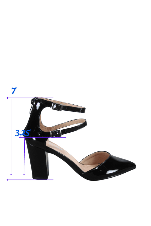 Link Women High Block Chunky Heeled Pointed Toe Ankle Strap Pump Shoes Casual Dress Pumps Shoes