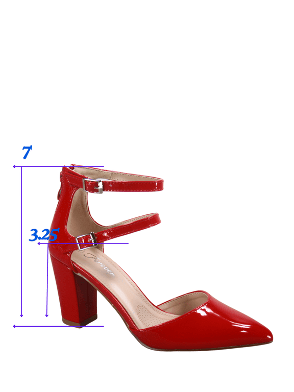 Link Women High Block Chunky Heeled Pointed Toe Ankle Strap Pump Shoes Casual Dress Pumps Shoes