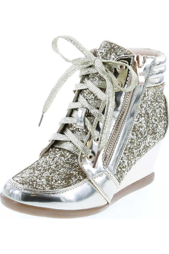 Women's Casual & Dress Glitter High Top Lace Up Wedge Sneakers, Gold, 7