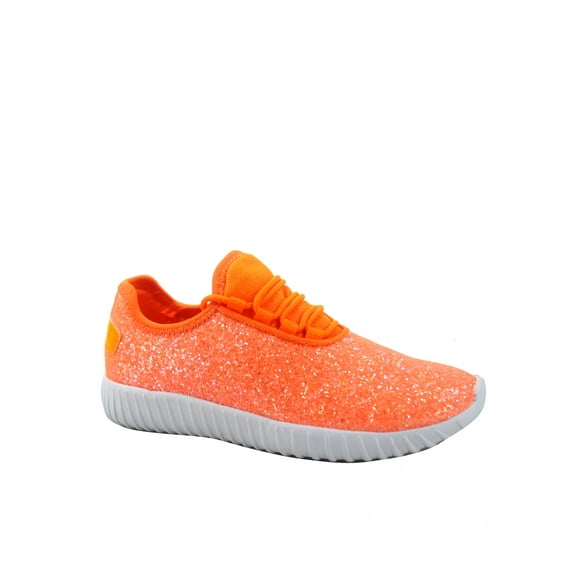 Forever Link Women’s Fashion Flat Glitter Running Shoes, Orange, Size 6