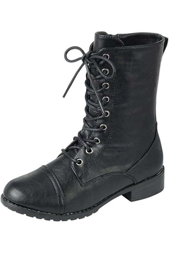Women's Military Lace Up Combat Boots with Knit Ankle Cuff, Round Toe and Low Heel
