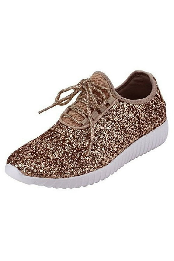 Link Women's REMY-18 Glitter Fashion Lace Up Low Top Sneakers Rosegold (5)