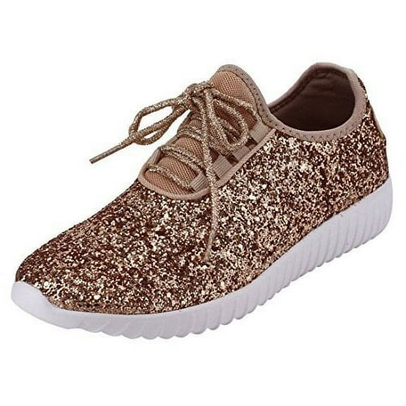 Forever Link Women's REMY-18 Glitter Fashion Lace Up Low Top Sneakers Rosegold (5)