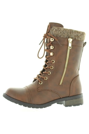 Womens Mango-31 Round Toe Military Lace Up Knit Ankle Cuff Low Heel Combat Boots