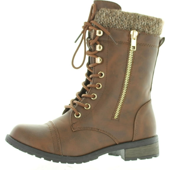 Forever Link Womens Mango-31 Round Toe Military Lace Up Knit Ankle Cuff Low Heel Combat Boots