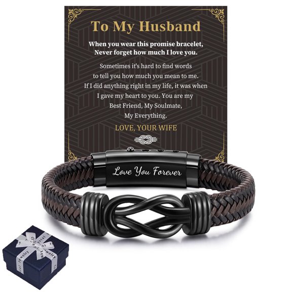Forever Linked Together Black Braided Leather Bracelets for Men, Engraved Love You Forever Leather Bracelet Gift for Grandson Dad Husband Brother Christmas Birthday (To My Husband, 21CM)
