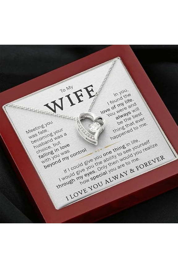 Forever Love Necklace To My Wife with Message Card and LED Box, Heart Necklace for Women with Adjustable Cable Chain, Sentimental Birthday Valentine's Day Gift for Her, Christmas Gift