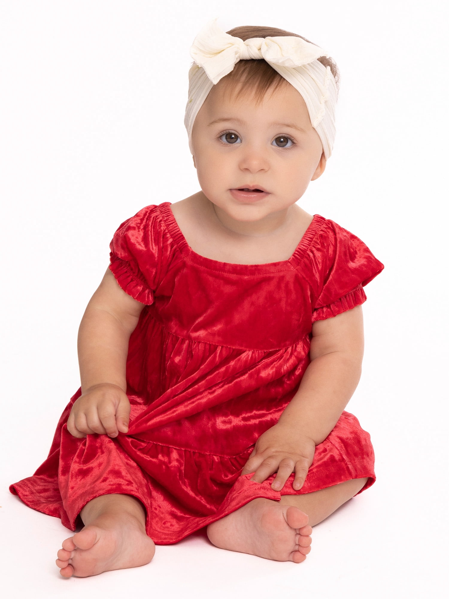 Baby Girls' Red Velvet Christmas Dress 6-9 Months - Sequin Sparkle With Flower Sash