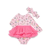 Forever Me Baby Girls' Birthday Print Dress Bodysuit with Tutu Skirt and Headband Set, 2-Piece, Sizes 6/9M-24M