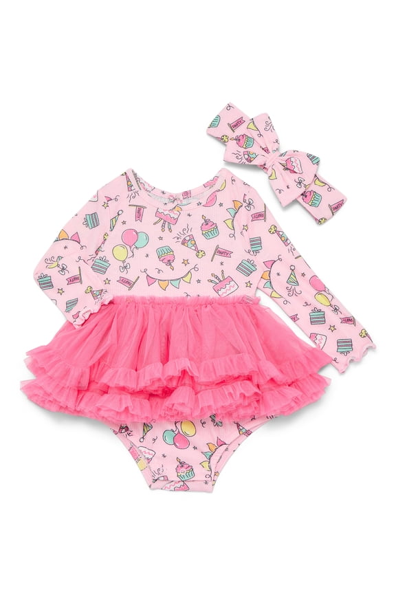 Baby Girls' Birthday Print Bodysuit with Tutu Skirt and Headband Set, 2-Piece, Sizes 6/9M-24M