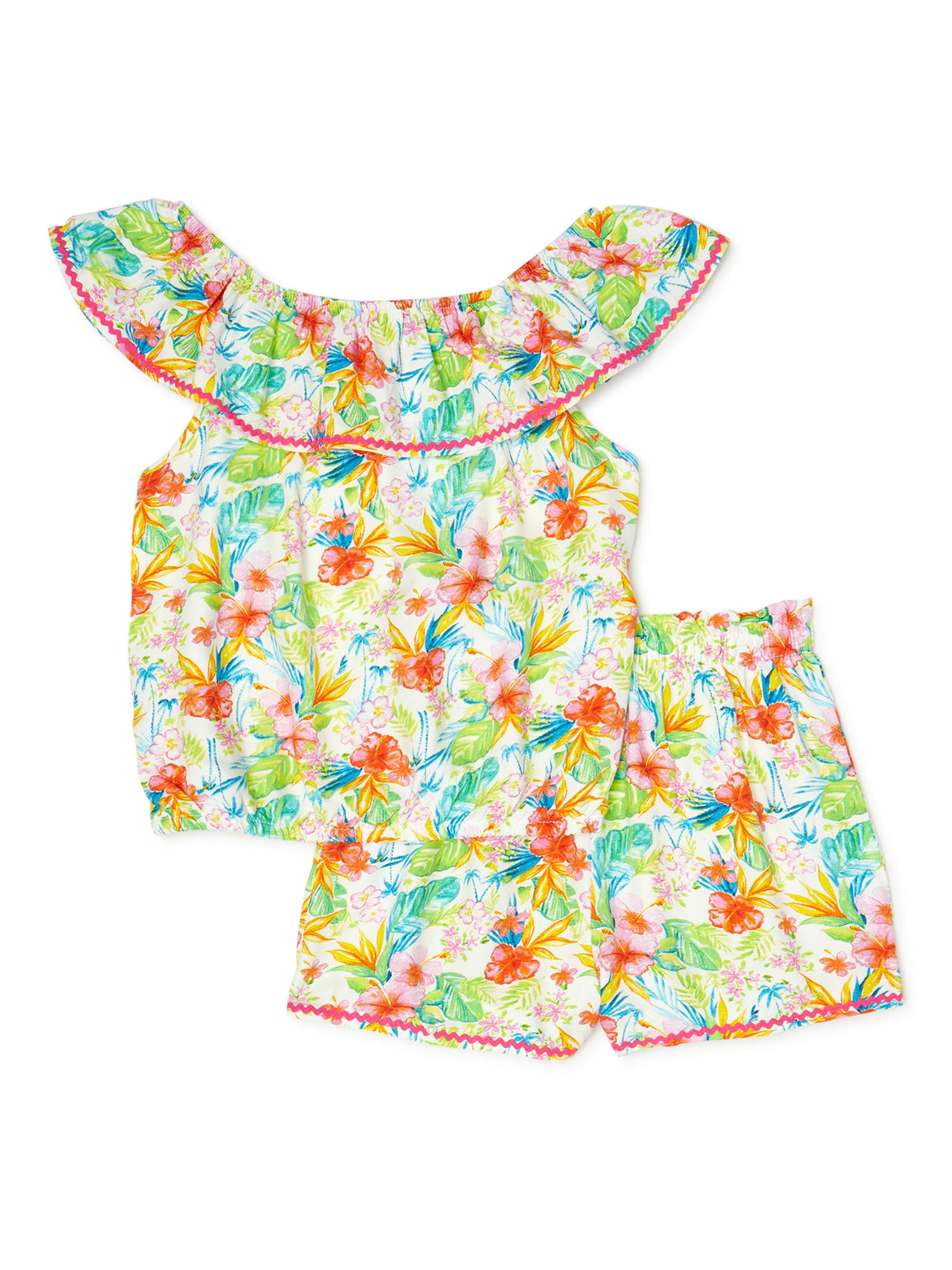Forever Me Girls Floral Off Shoulder Pom Pom Top and Matching