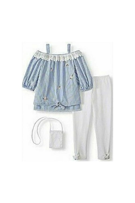 Off the Shoulder Embroidered Stripe Top and Legging, 2-Piece Outfit Set With Purse (Little Girls & Big Girls)