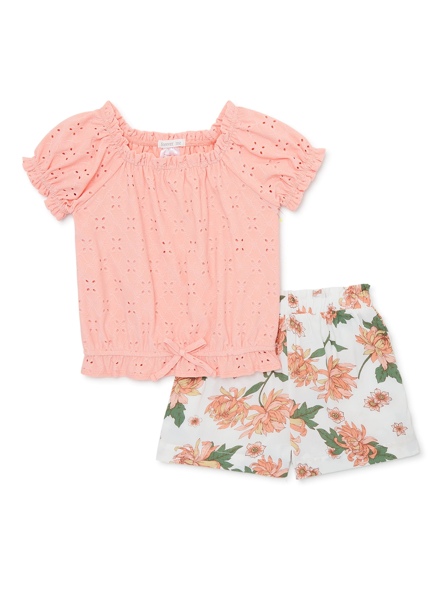 Forever Me Toddler Girls Eyelet Top and Floral Shorts, 2Piece Outfit Set, Sizes 2T4T