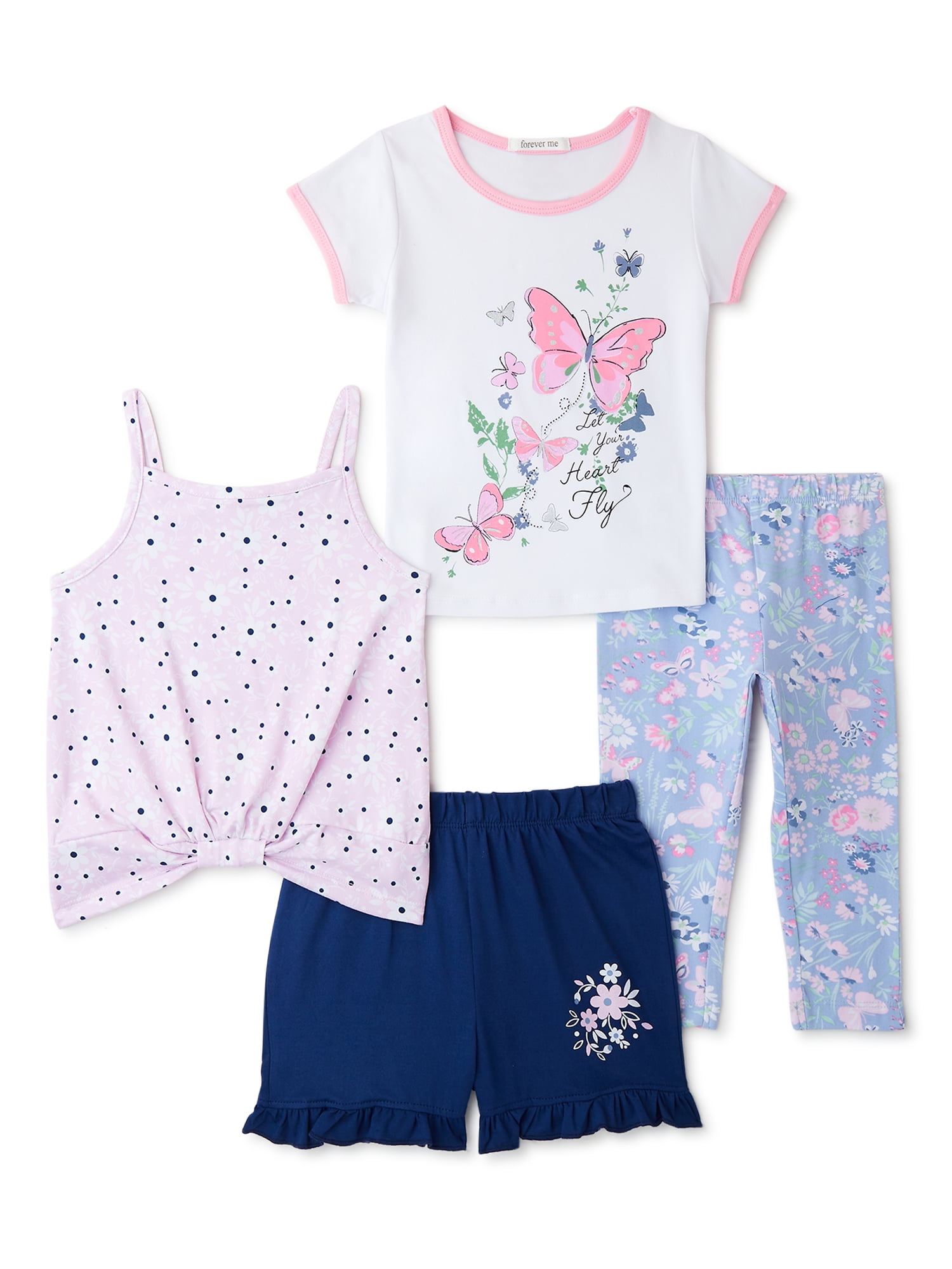 Forever Me Toddler Girls Top, Tank, Shorts and Leggings Outfit Set, 4-Piece, Sizes 2T-4T
