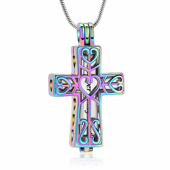 Forever in My Heart Corss Urn Necklace for Ashes, Stainless Steel Hollow Double Cross Cremation Urn Jewelry Memorial Necklace Pendant for Ashes for Women