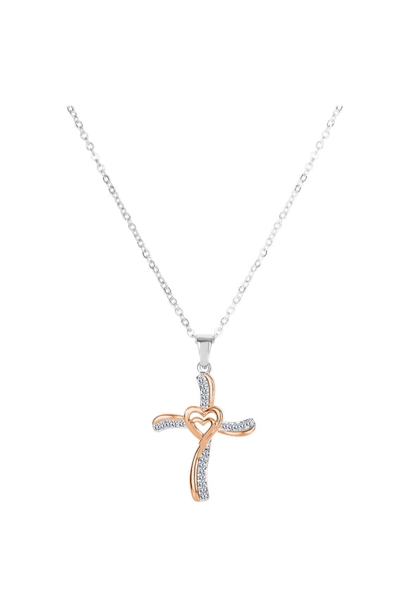 .10 Carat T.W. Diamond Sterling Silver and 18kt Rose Gold over Sterling Silver Cross with Center Heart Pendant, 18"