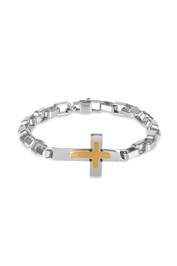 316L Stainless Steel Gold IP Sideways Cross Bracelet 8.5Inches