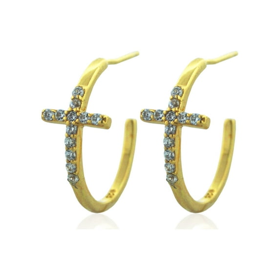 Forever New CZ 18kt Gold over Sterling Silver Sideways Cross 3/4" Hoop Earrings