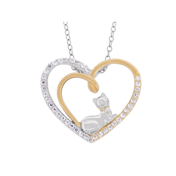 Forever New Cubic Zirconia Sterling Silver and 18kt Over Sterling Silver Double Heart Sitting Cat Pendant, 18"