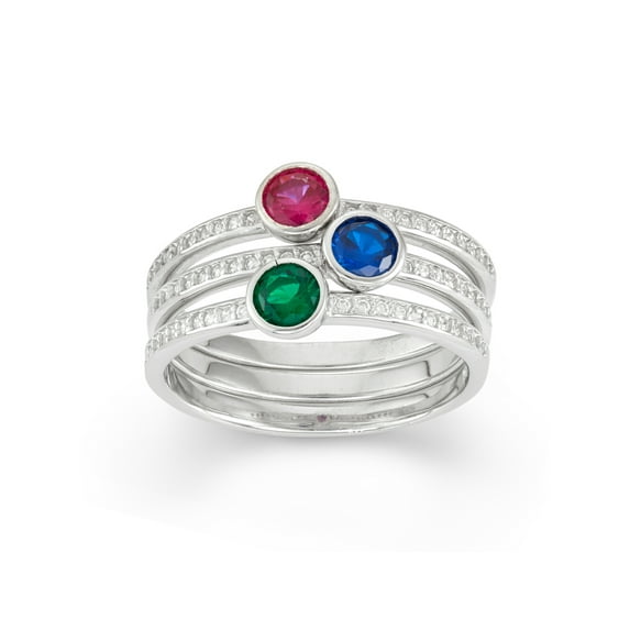 Forever New Simulated Emerald, Created Blue Sapphire and Created Ruby Round-Cut 3-Piece Sterling Silver Stackable Ring Set