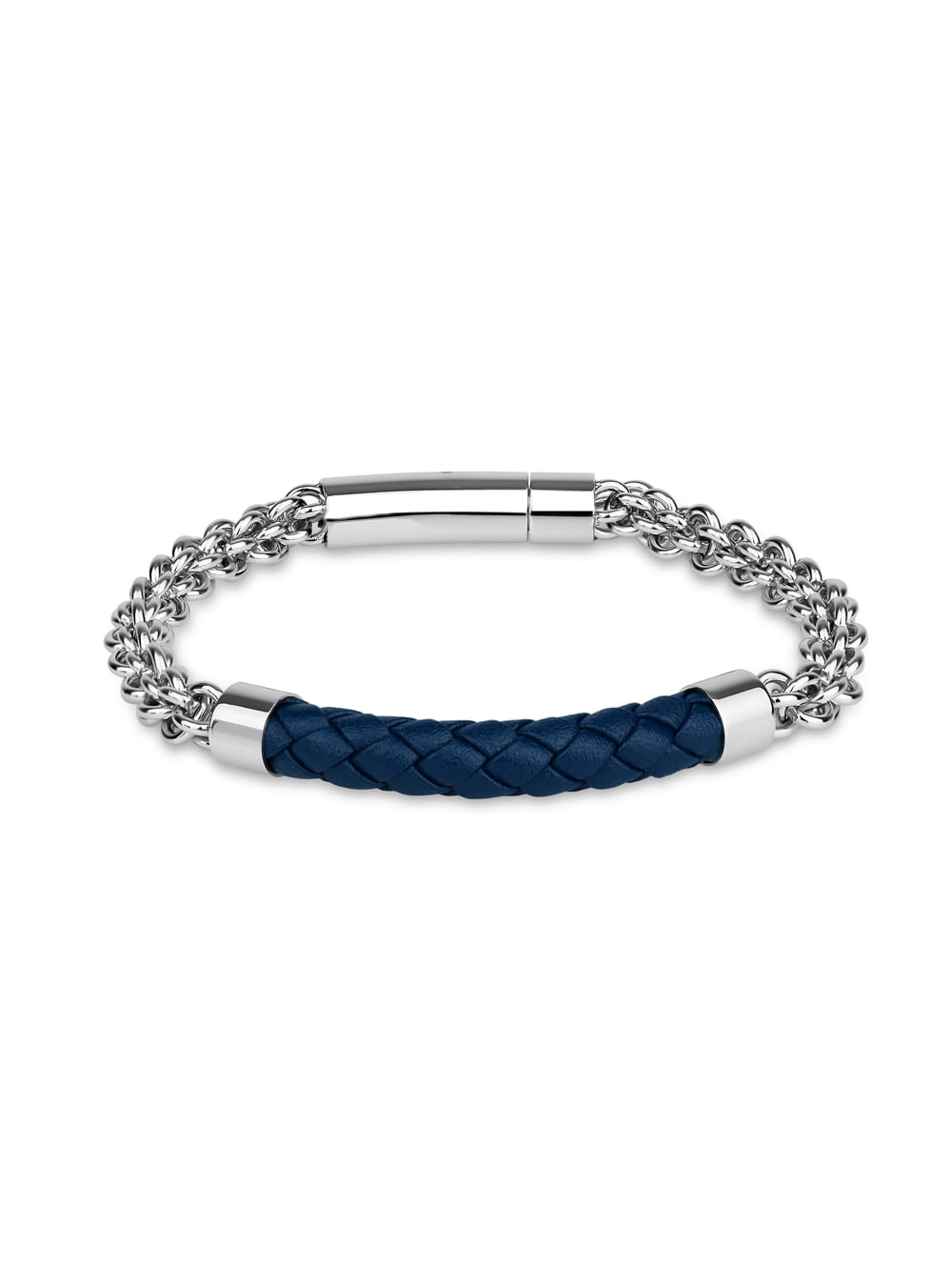 Forever New Stainless Steel Flexible ID Dark Blue Leather Bracelet 8.5Inches