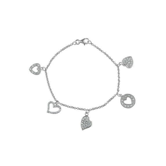 Forever New Women's White CZ Sterling Silver Heart Love Charm Bracelet, 7-1/4"