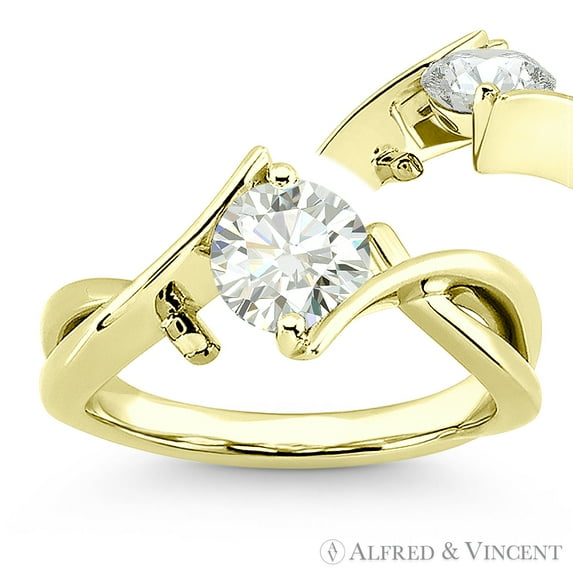 Forever ONE Round Cut Moissanite Fancy Splitshank Solitaire Engagement Ring in 14k Yellow Gold