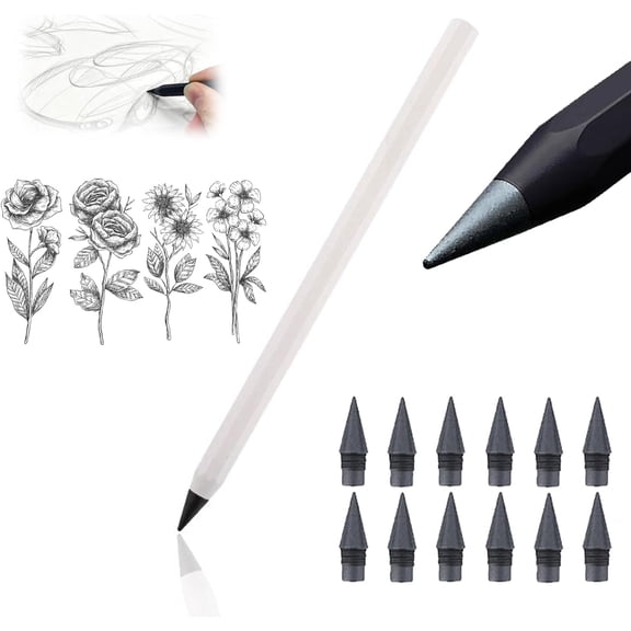 Forever Pencil, Metal Alloy Writing Instrument, Metal Alloy Writing Instrument, That Never Needs Sharpening, Reusable with 12 Colors Replaceable Nibs (C-1 Pen + 12 Black Pen Tips)