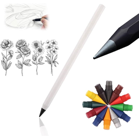 Forever Pencil, Metal Alloy Writing Instrument, Metal Alloy Writing Instrument, That Never Needs Sharpening, Reusable with 12 Colors Replaceable Nibs (C-1 Pen + 12 Colored Pen Tips)