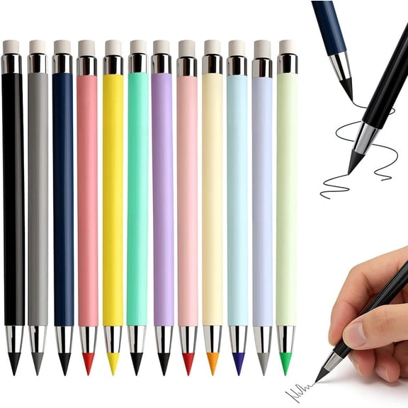 Forever Pencil, Reusable Inkless Pencils with Erasers, No-Sharpening Writing Instrument for Drawing, Sketching, Office Supplies (12 PCS Colored Pencils)