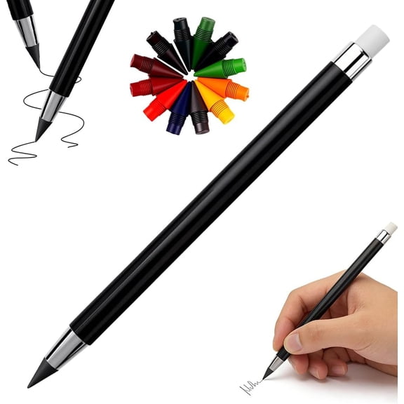 Forever Pencil, Reusable Inkless Pencils with Erasers, No-Sharpening Writing Instrument for Drawing, Sketching, Office Supplies (1PCS Black (with 12 colored nibs))