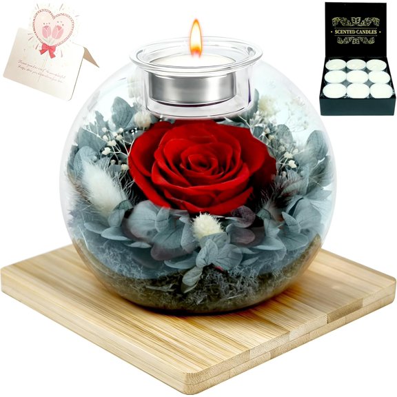 Forever Real Roses in Glass with Scented Candle, Preserved Flower Valentines Day Gifts for Her Women Girlfriend Wife Mom  Birthday Anniversary Red