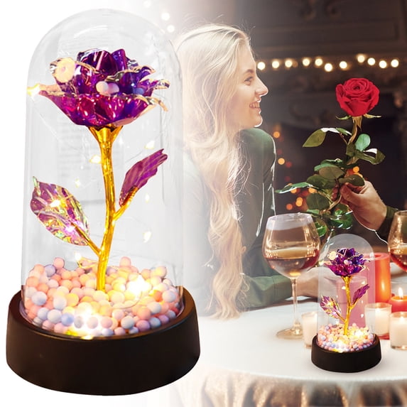 Forever Rose Flower Valentines Gifts for Her,Birthday Gifts for Women,Valentines Day Flowers Gifts for Mom,Women,Her,Wife,Grandma,Light Up Rose in Glass Dome,Purple