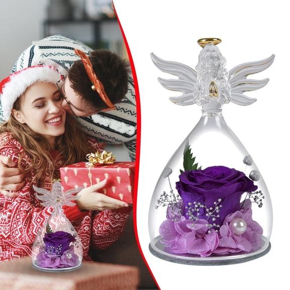 Forever Rose,Gifts for Women Preserved Rose,Forever Flower in Glass Angel Figurines Fresh Flowers for Delivery Mothers Day Birthday Gifts for Mom Real Roses for Grandma Sister Wife Her(Purple/White)