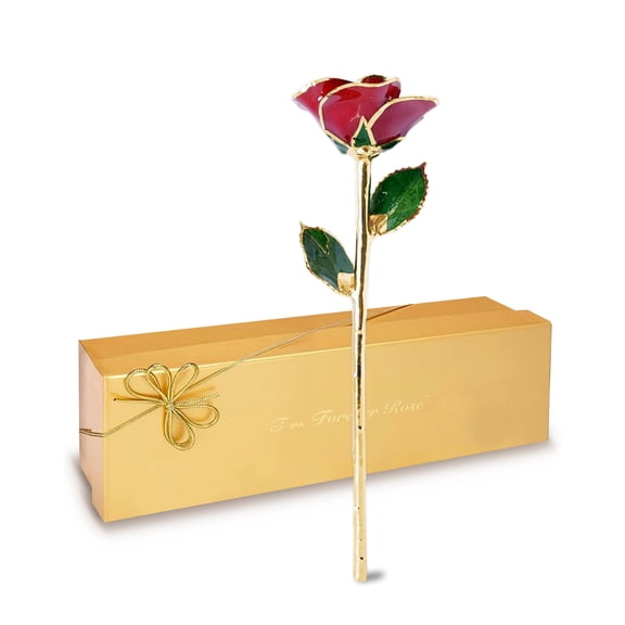 Forever Rose Gold Trimmed Red Open Bloom Real Rose Dipped in 24K Gold, Ready to Gift, Presented in Luxury Gift Box with Bow, Unique & Everlasting Gift for Any Occasion Y101