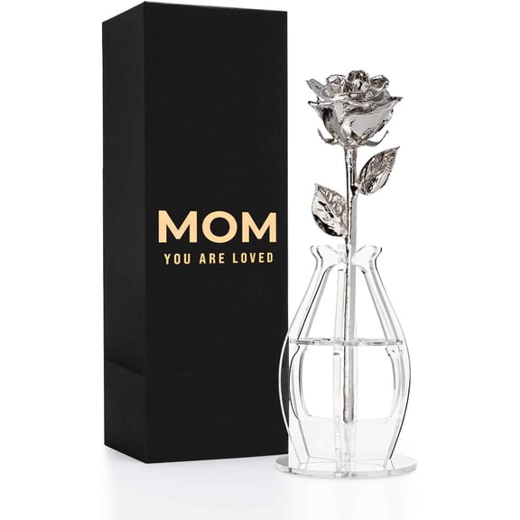 Forever Rose “Mom You are Loved” Bloom Box Bundle, Genuine One-of-a-Kind, Platinum Dipped Rose in a Beautiful Phantom Vase and Bloom Box