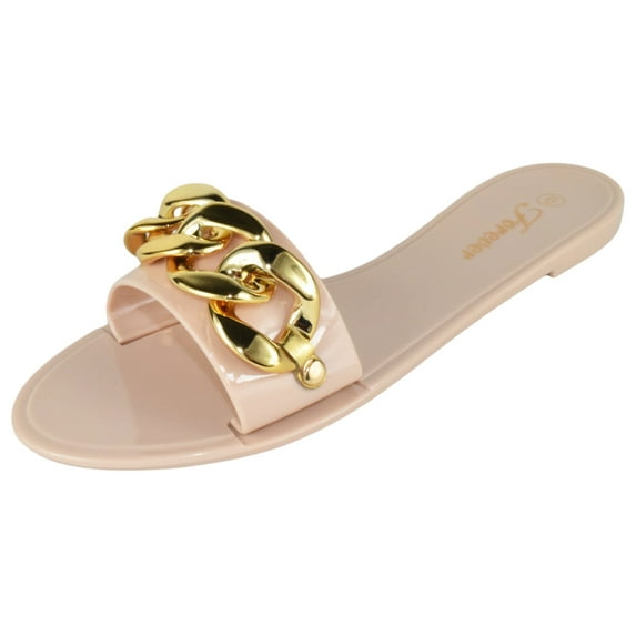 Forever Shoe Women Jelly Flip-Flops Sandals Open Toe Slides Gold Buckle Jelly-82 Beige Skin Nude 6