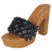 Forever Shoes Women Block High Heel Platform Sandals Braided Band Light Weight Slip On WOOD-06 Black 6.5